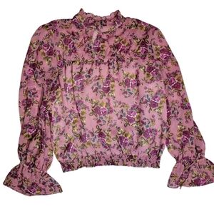 Express Ruffled Blouse Women's Size Med Pink Floral Cottage Romantic Feminine